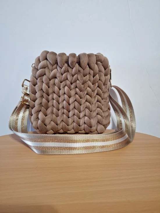 Chunky Handwoven Tan Crossbody Bag with Gold-Trim Strap - Picture 1 of 9